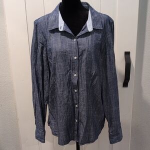Tommy Hilfiger Blue Chambray Button-Down Women's Shirt Roll Tab Sleeves, Large
